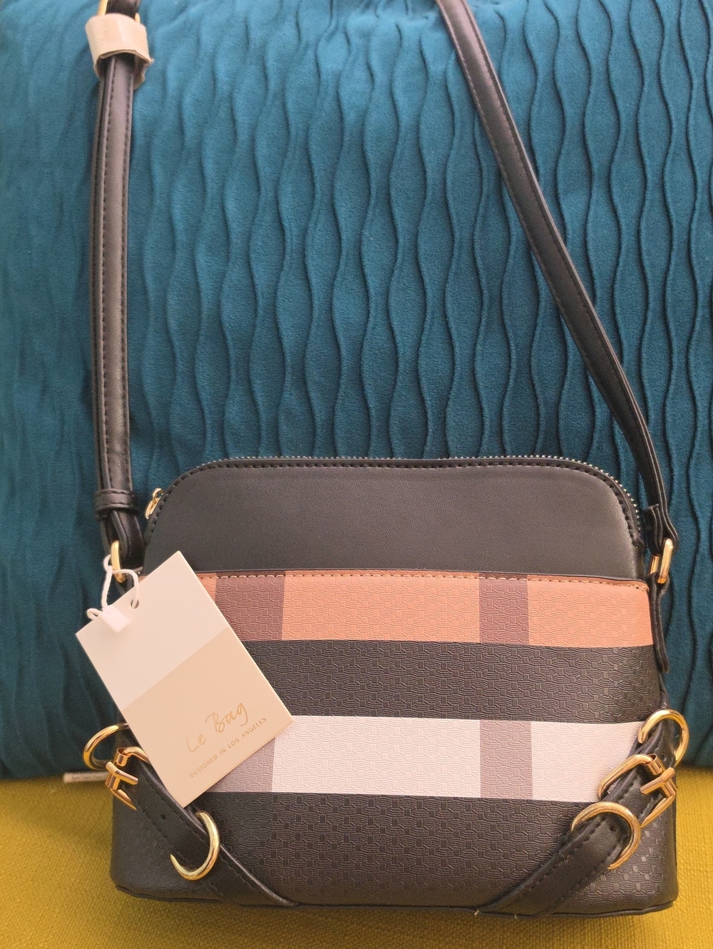 Women’s Black Crossbody Bag with Peach and White Stripes
